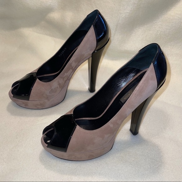 LOUIS VUITTON - Tan Suede/Blk Patent Leather Peeptoe Platform - EU39 (CopyListg) - Picture 2 of 12